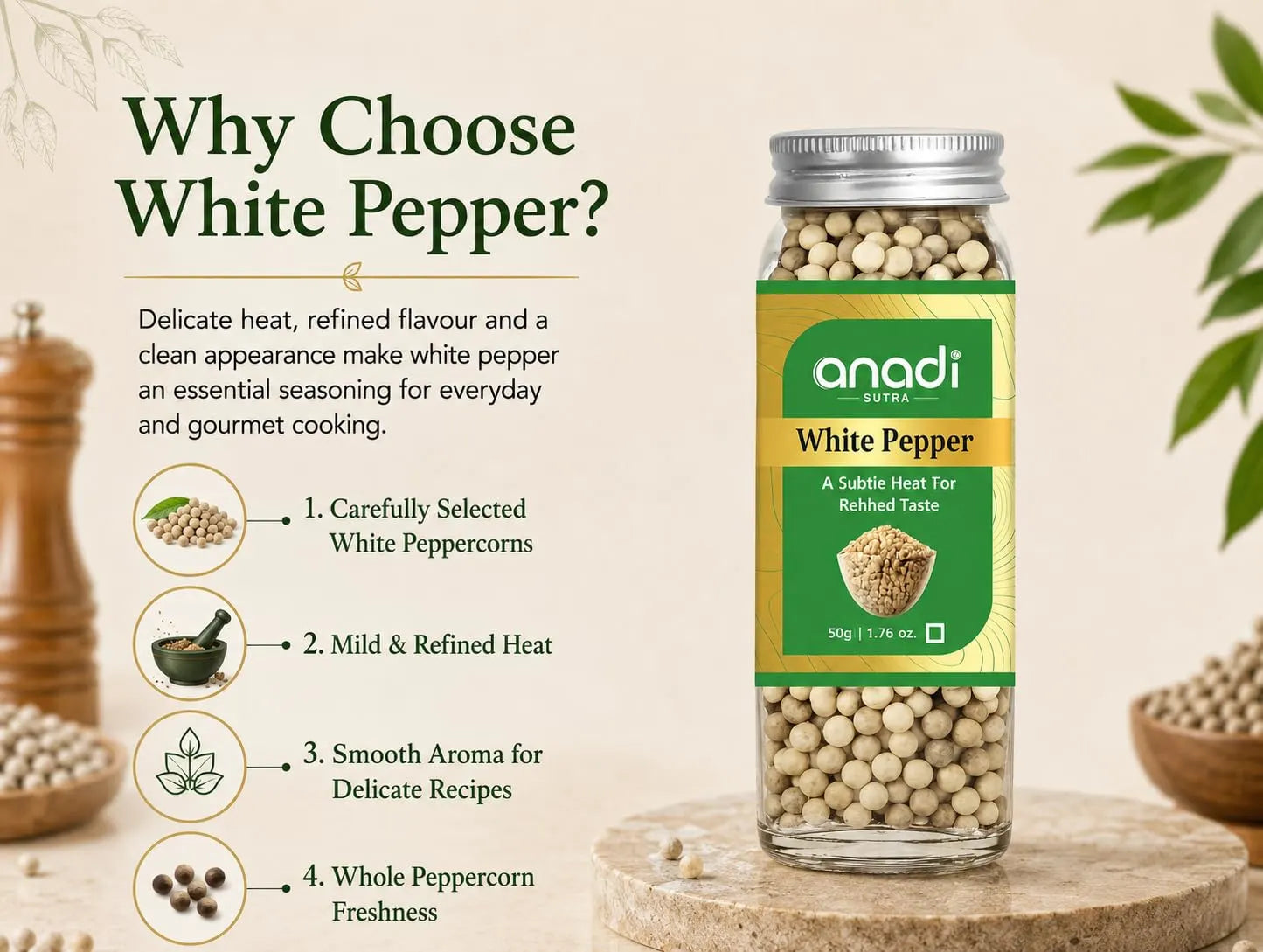 White pepper jar with silver cap and green-yellow label, filled with pale peppercorns
