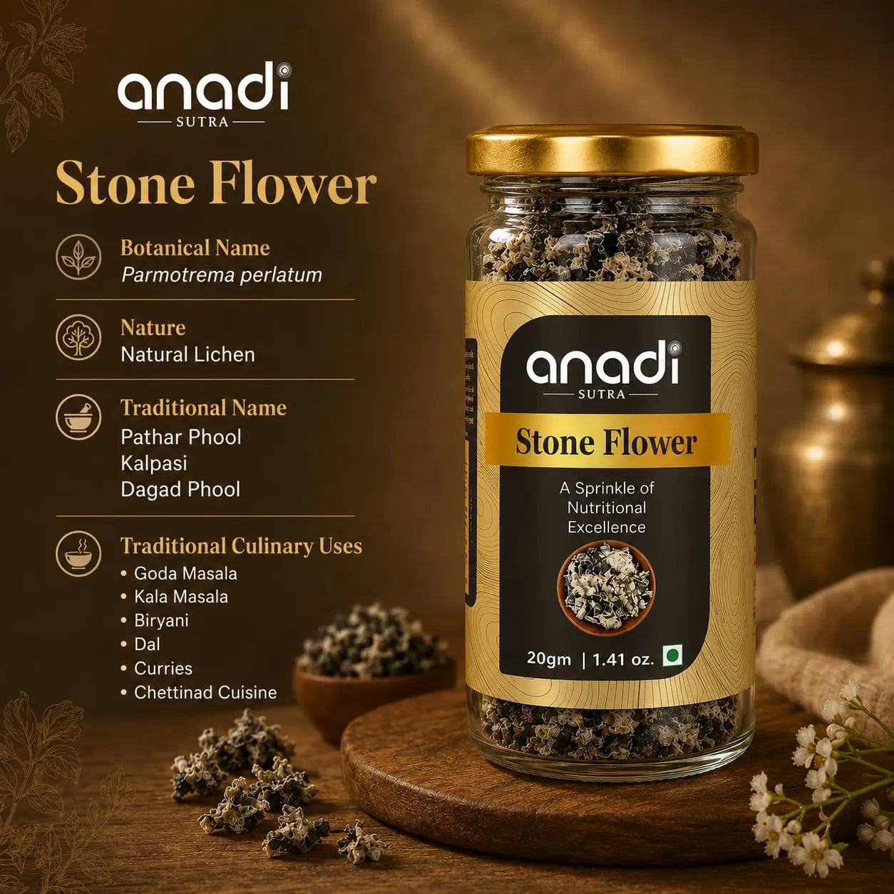 Stone Flower 20gm jar with gold lid and dried lichen, shown on tabletop with herbs