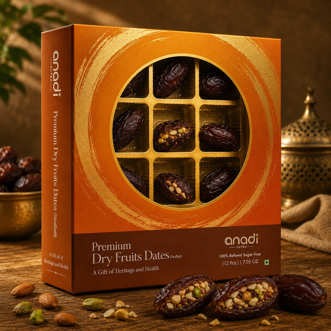 Premium stuffed dates gift box with circular window showing assorted date halves