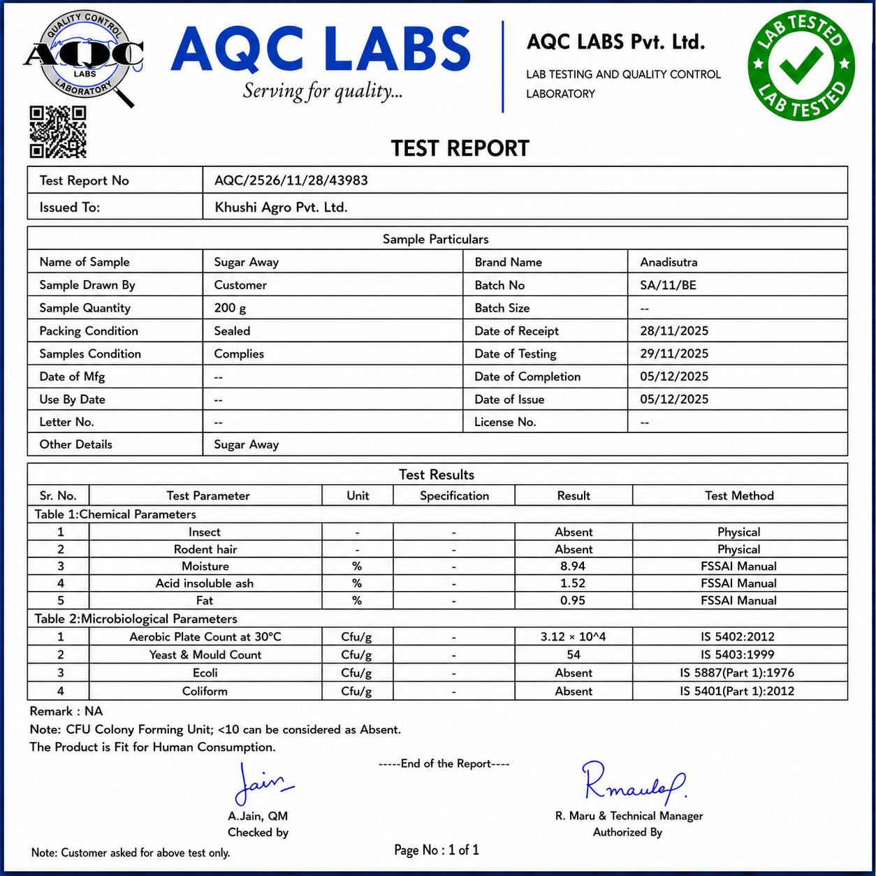 Sugar Away 100 g test report document with QC certification and lab details
