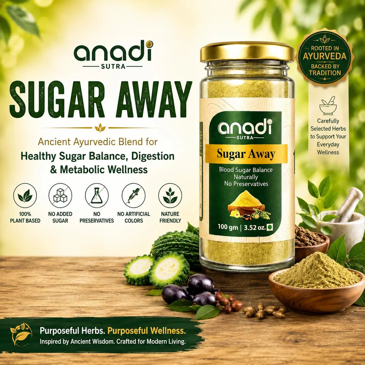 Ayurvedic supplement bottle with gold lid and green label, with herbs nearby.