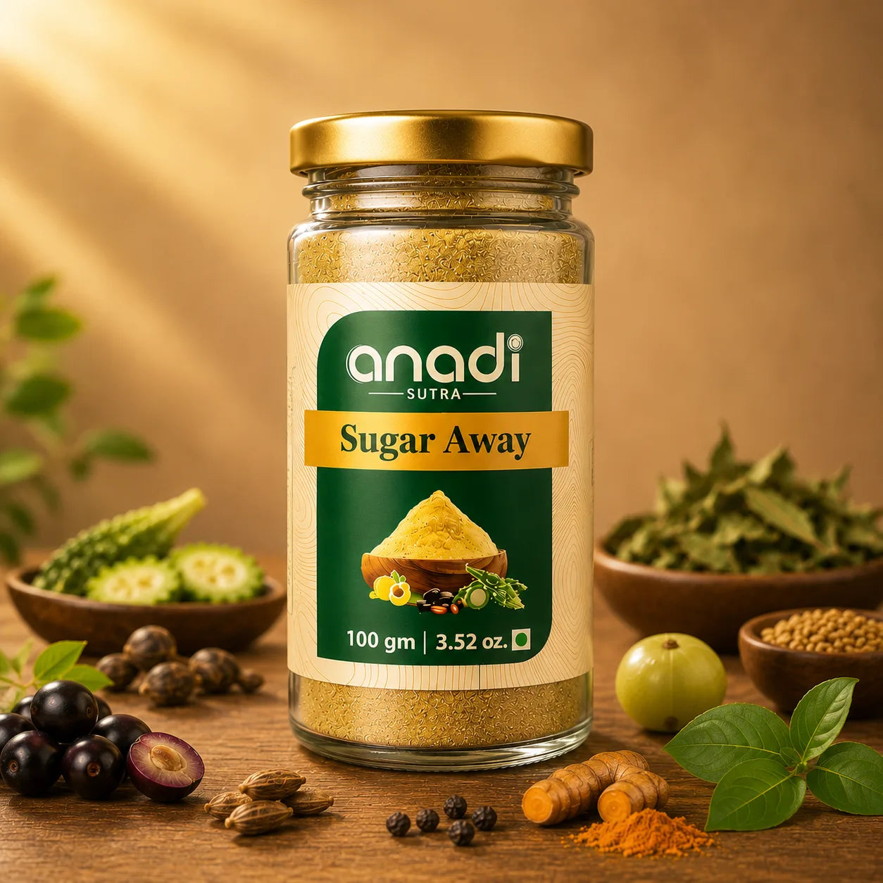 Close-up of gold-lidded supplement jar with green label and scattered herbs.