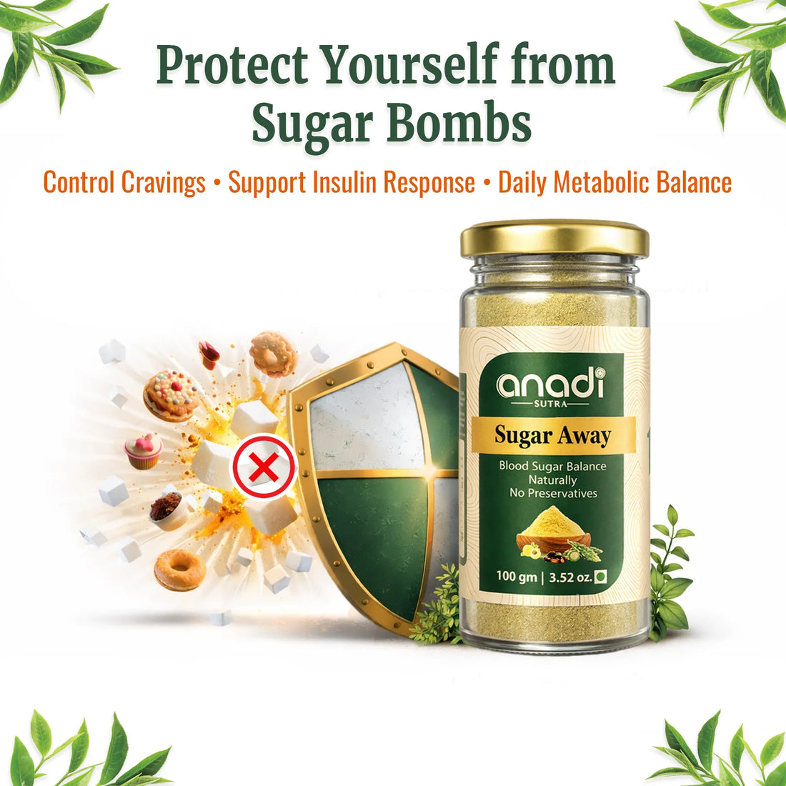 Sugar Away 100 gm | Karela Jamun Guthli, Gudmar Powder | Helps Manage Blood Sugar Levels | Helps Improve Metabolism | Balance Sweets Cravings