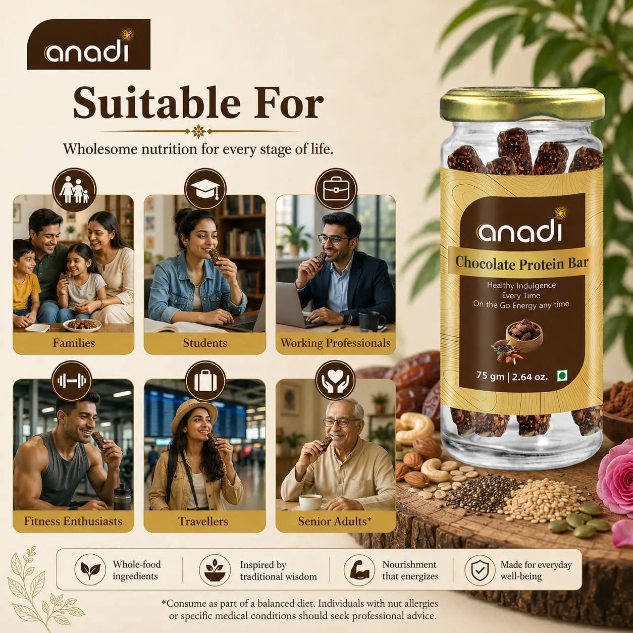 anadi Chocolate Protein Bar glass jar with gold lid, label beside Suitable For icons