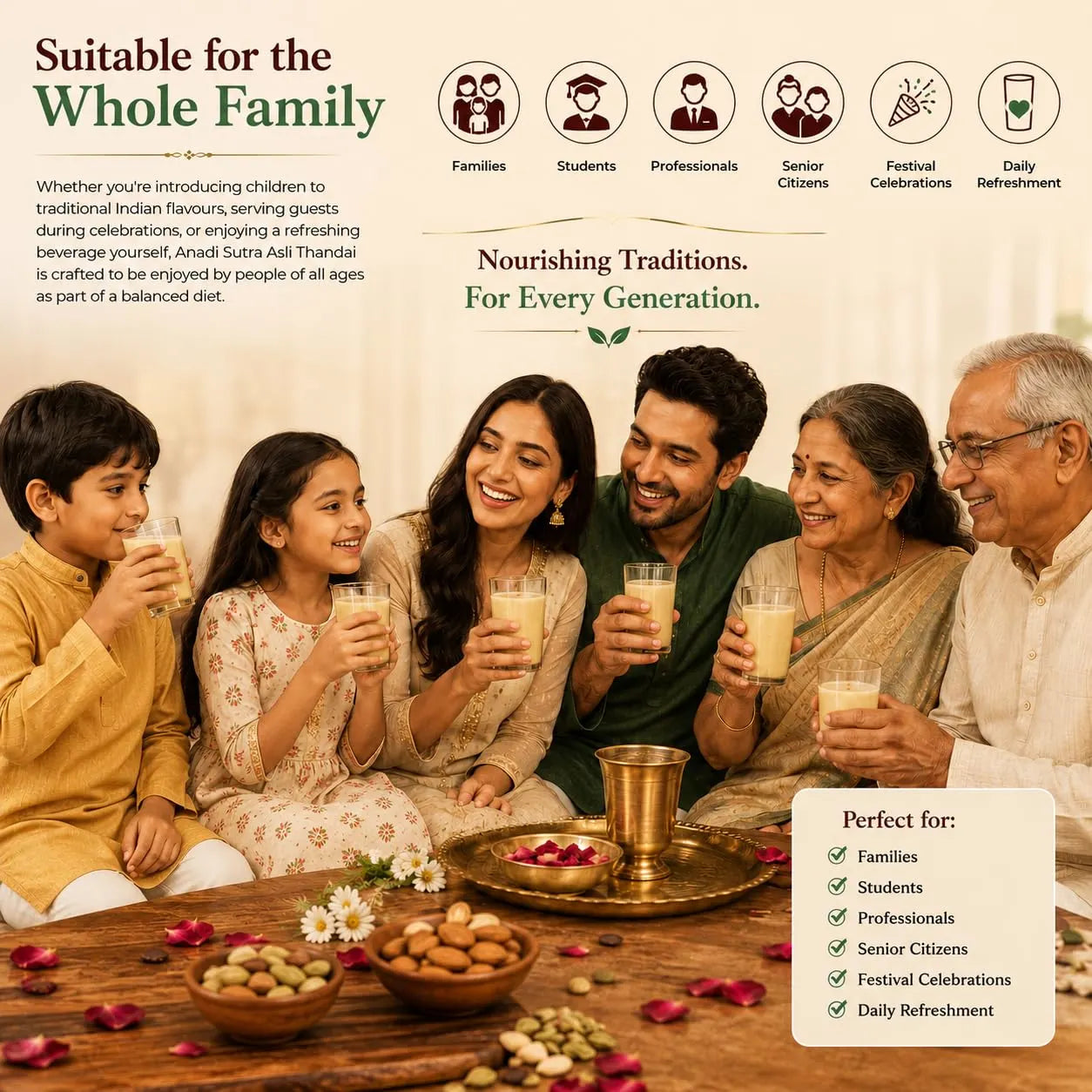 Family enjoying frothy thandai drinks in glasses at a dining table