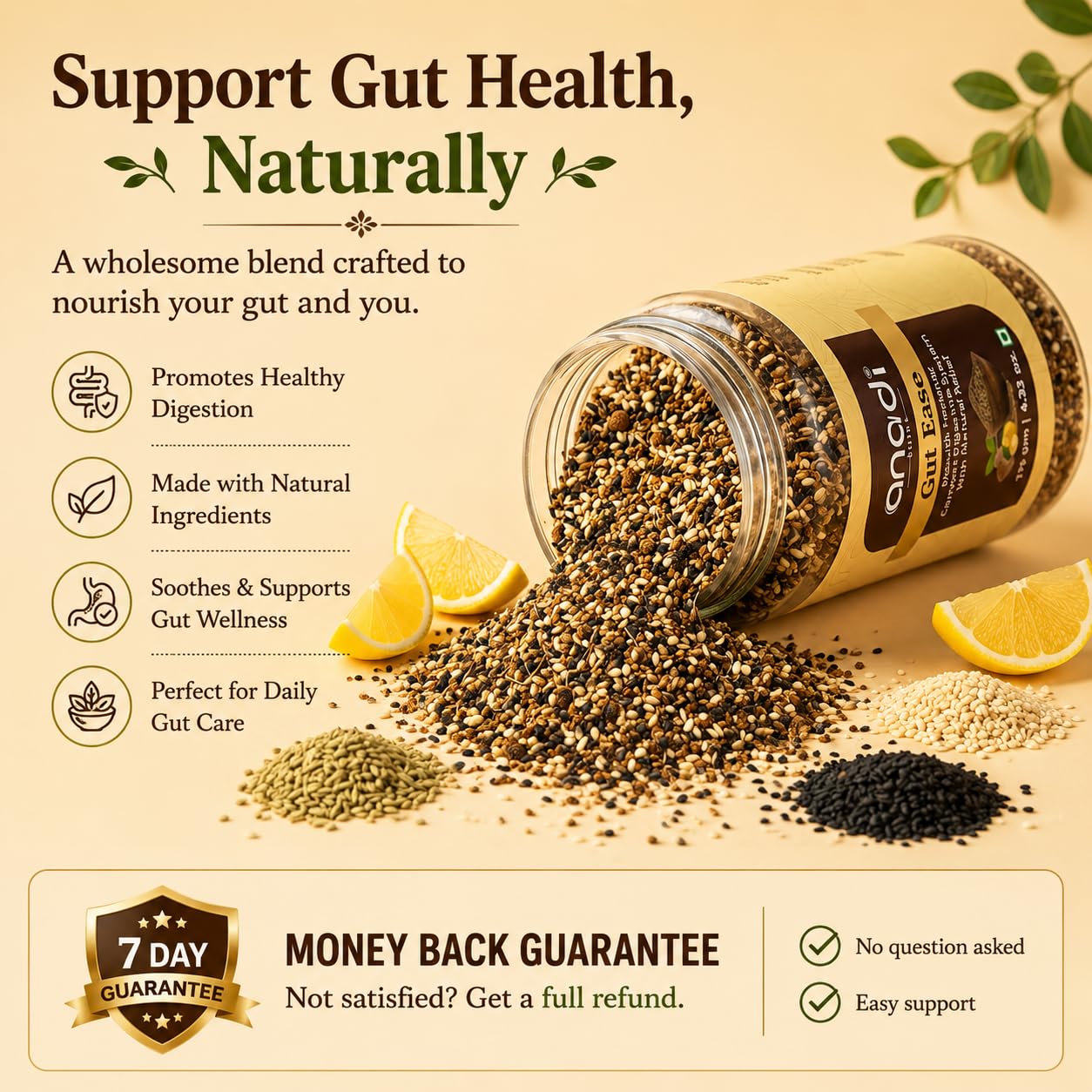 anadi Gut Ease jar with granules, lemon slices, and gut-health messaging layout