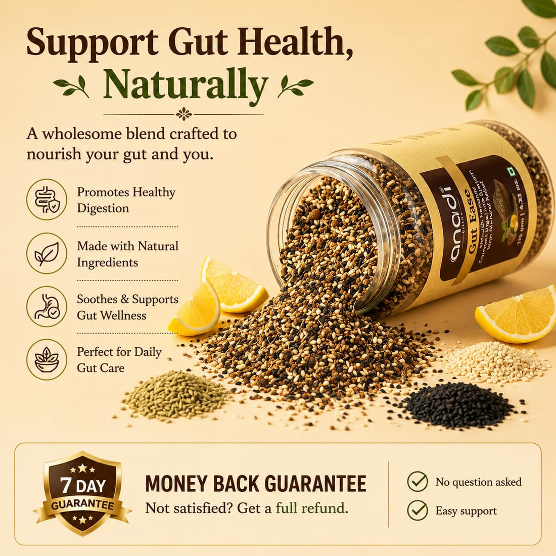 anadi Gut Ease jar with granules, lemon slices, and gut-health messaging layout