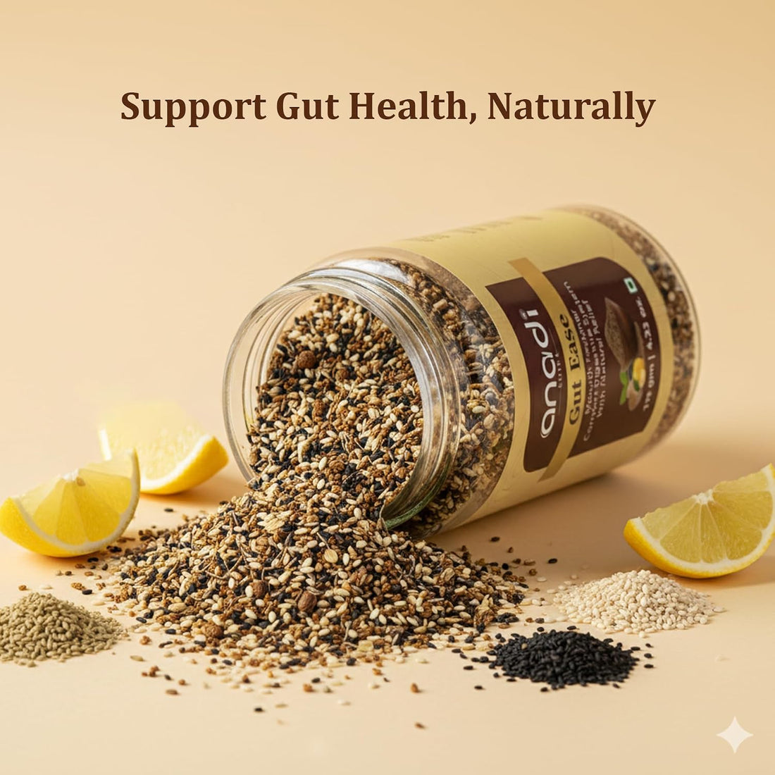 anadi Gut Ease jar tipped over with seeds and granules spilling out