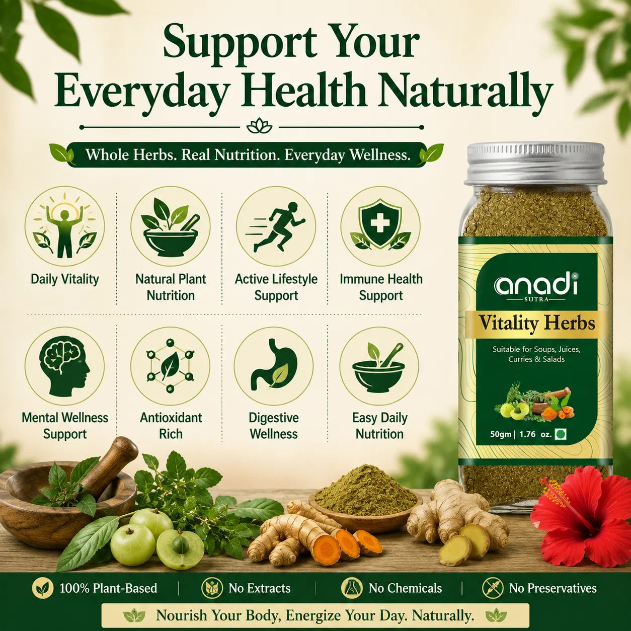 Herbal supplement jar with daily wellness icons and whole-herb nutrition benefits graphic