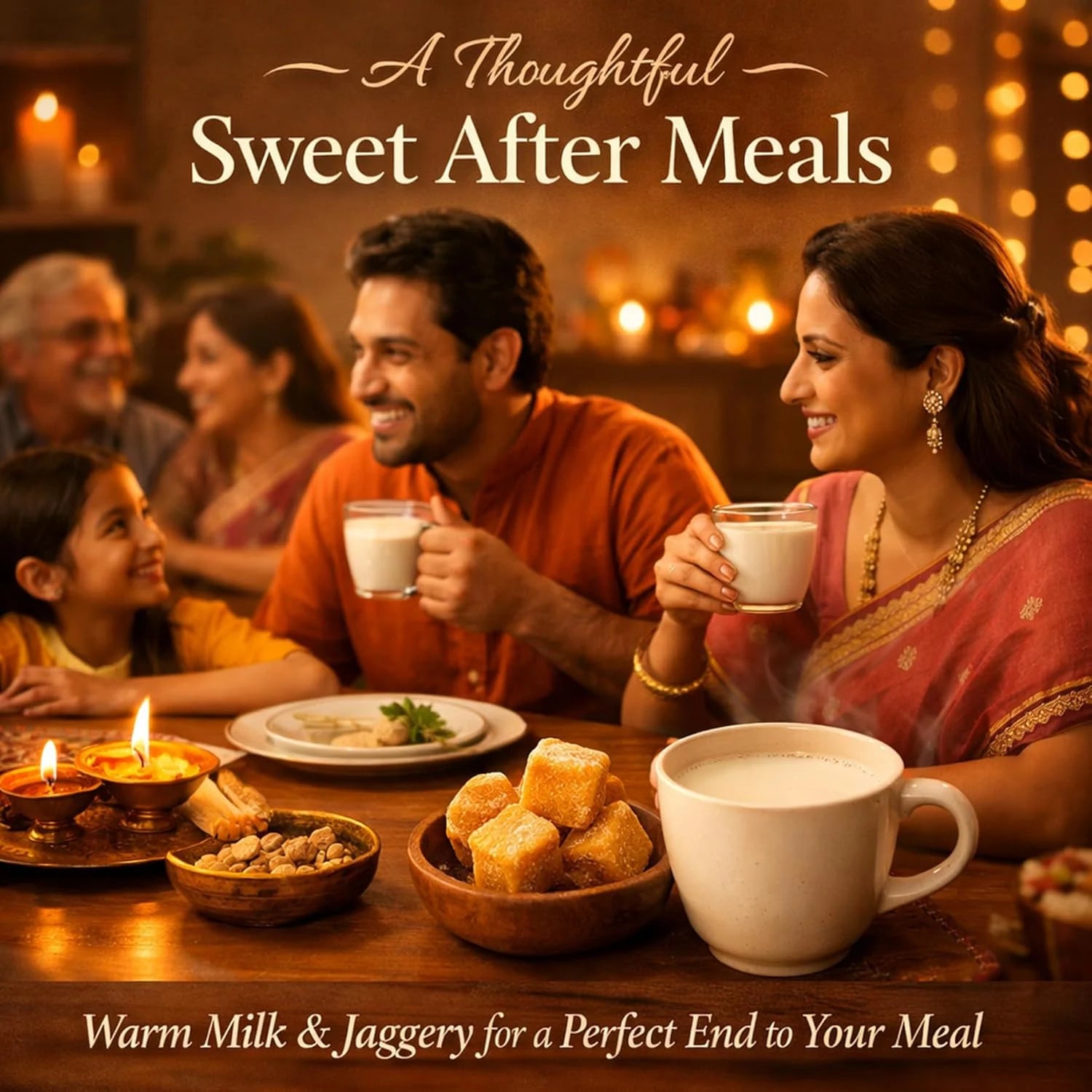 Warm milk with jaggery cubes in bowls and cups for after-meal serving