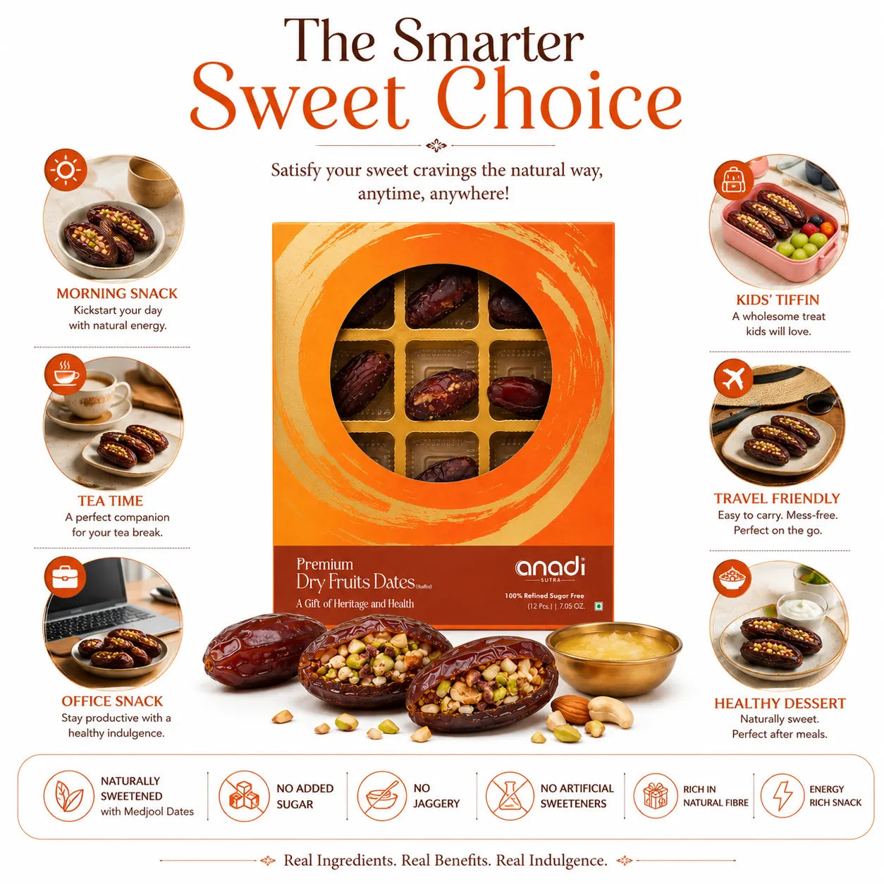 Stuffed dates gift box with snack and dessert icons and dates with mixed nuts