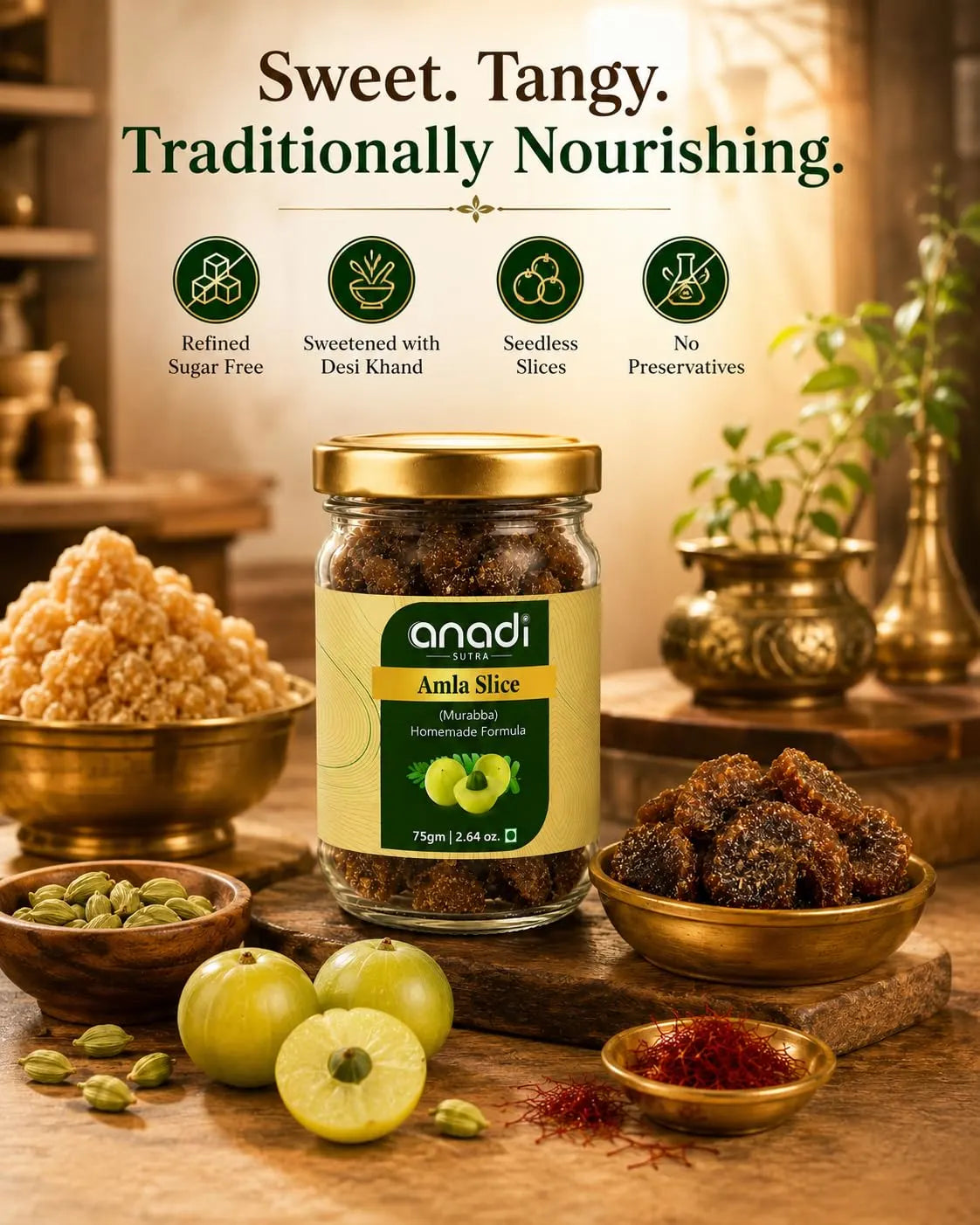 Amla slice jar with golden lid and dark brown amla pieces with scattered ingredients
