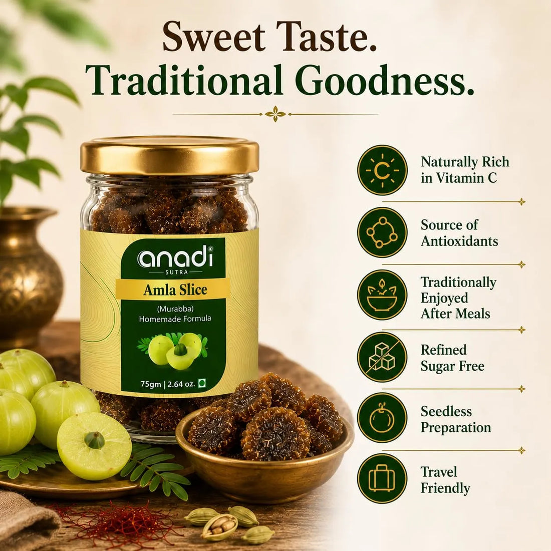 Amla slice jar with green label and dark brown amla slices on a tabletop