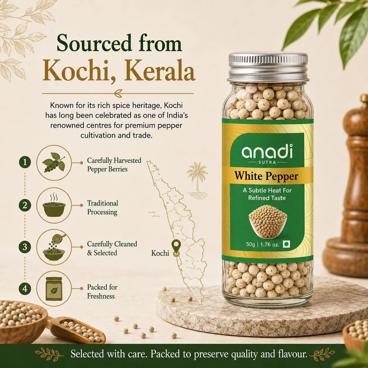 White pepper jar on stone platform with scattered pale peppercorns, silver cap and green label