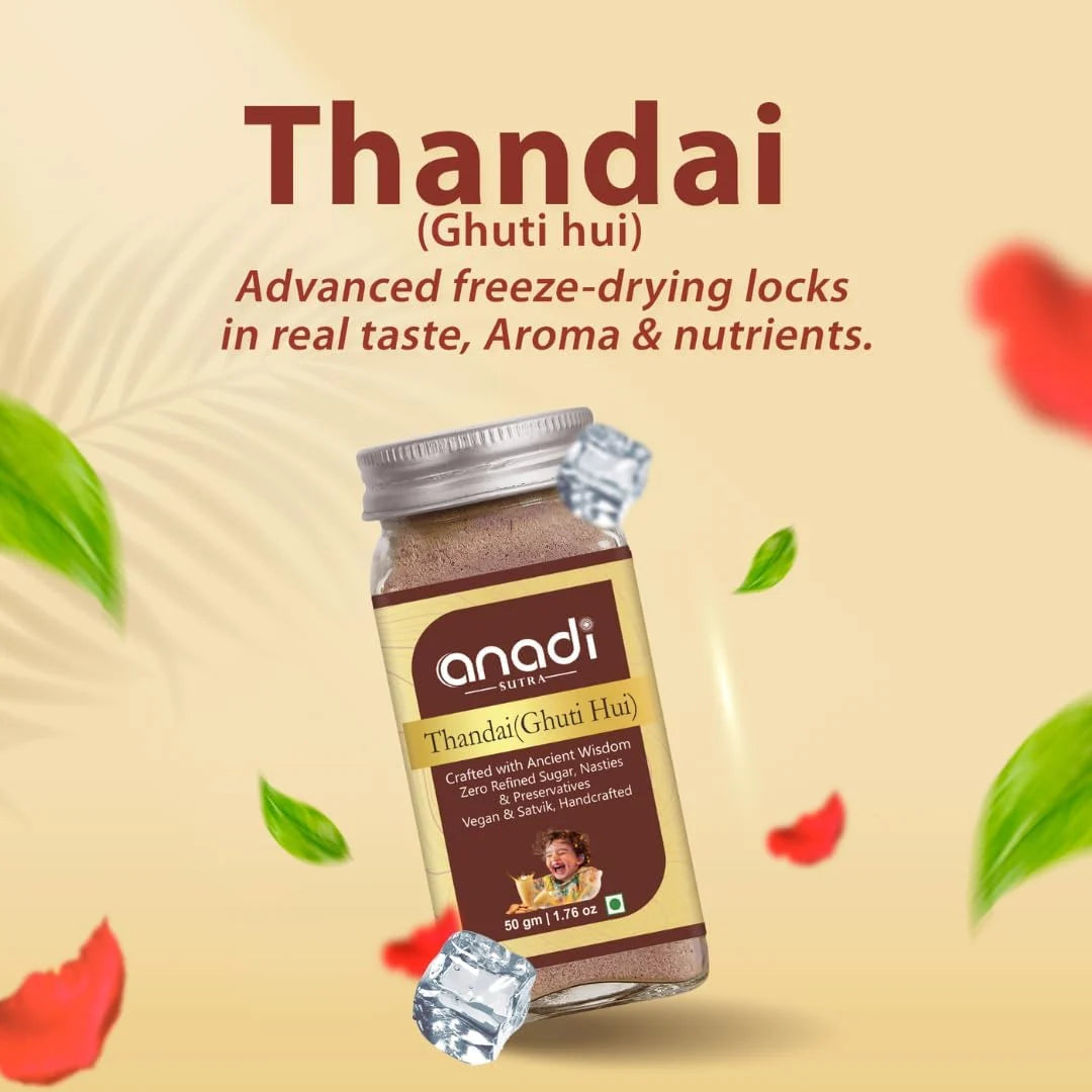Freeze-dried thandai powder jar with silver lid and anadi sutra label, 50 g