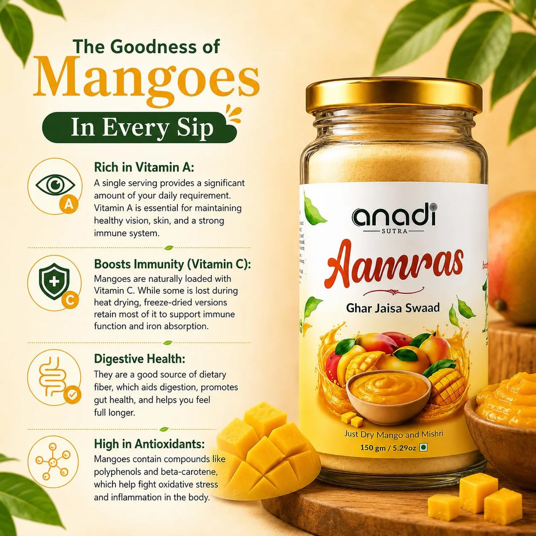 Mango fruit pulp jar with gold lid, mango chunks beside nutrition icons