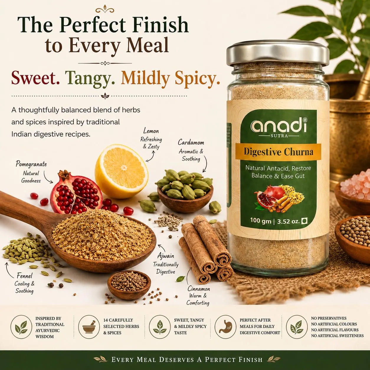 anadi sutra digestive churna jar with green label, with herbs and spices around it
