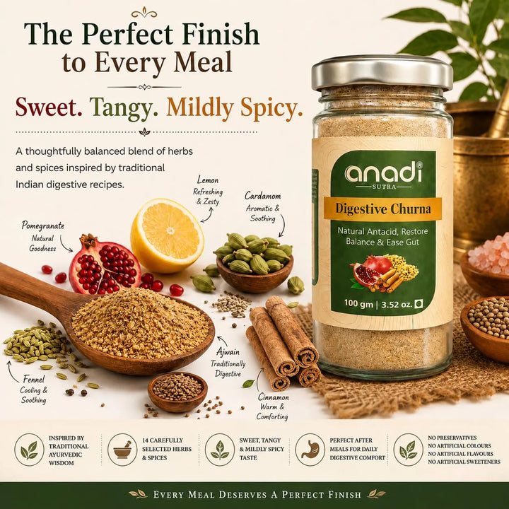 anadi sutra digestive churna jar with green label, with herbs and spices around it