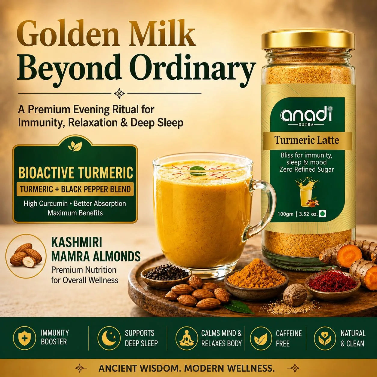 Turmeric latte jar and golden milk in mug, bedtime wellness blend poster