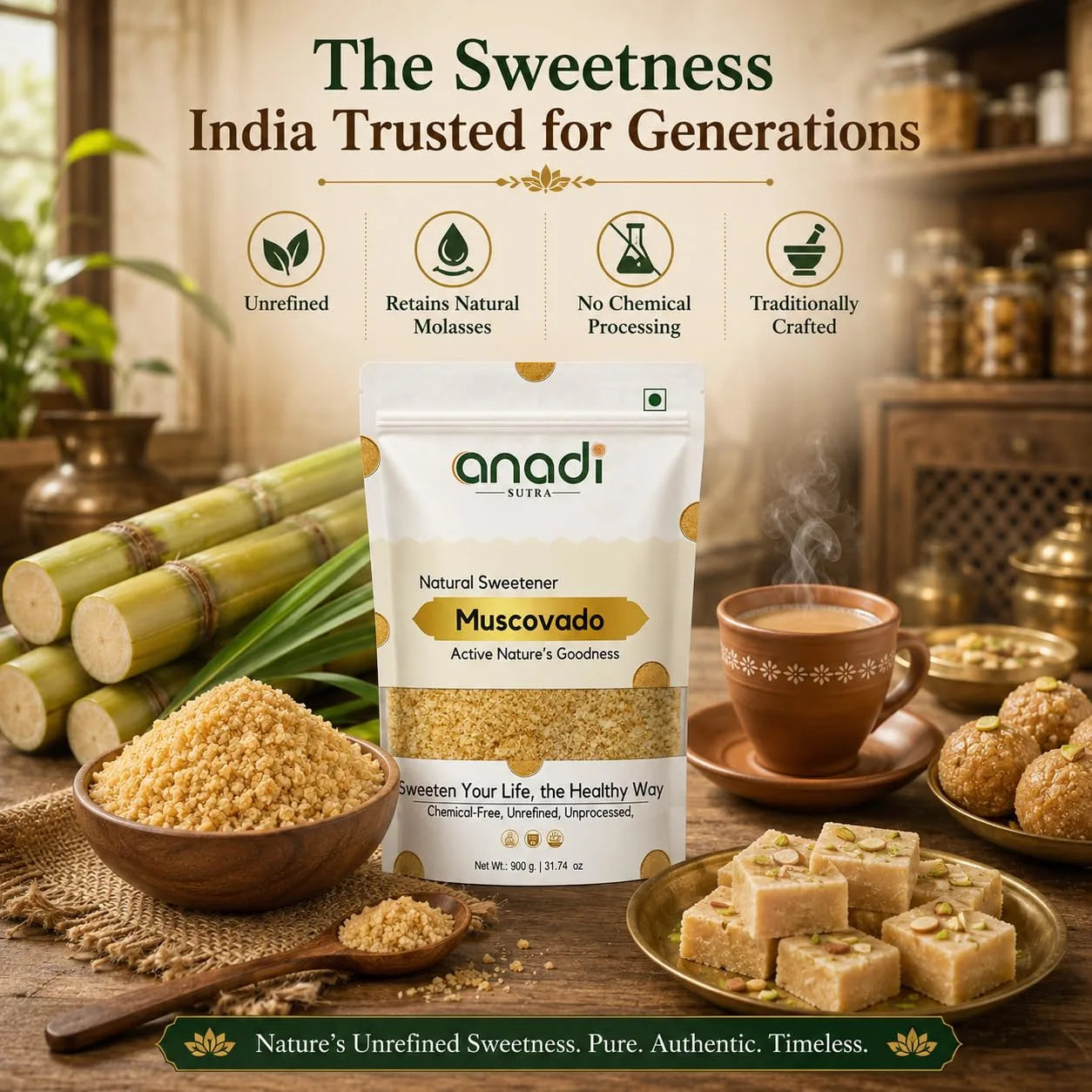 Natural sweetener pouch with sugar granules, cubes, cane stalks, and cups