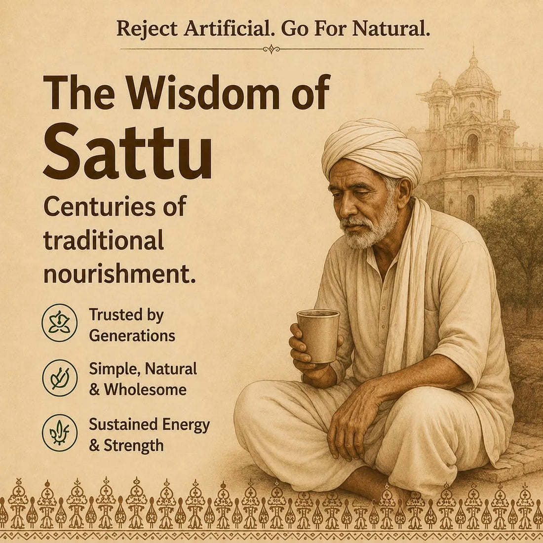 Anadi Sattu Drink premix bottle with gold cap, 150 g; powder-filled glass jar.