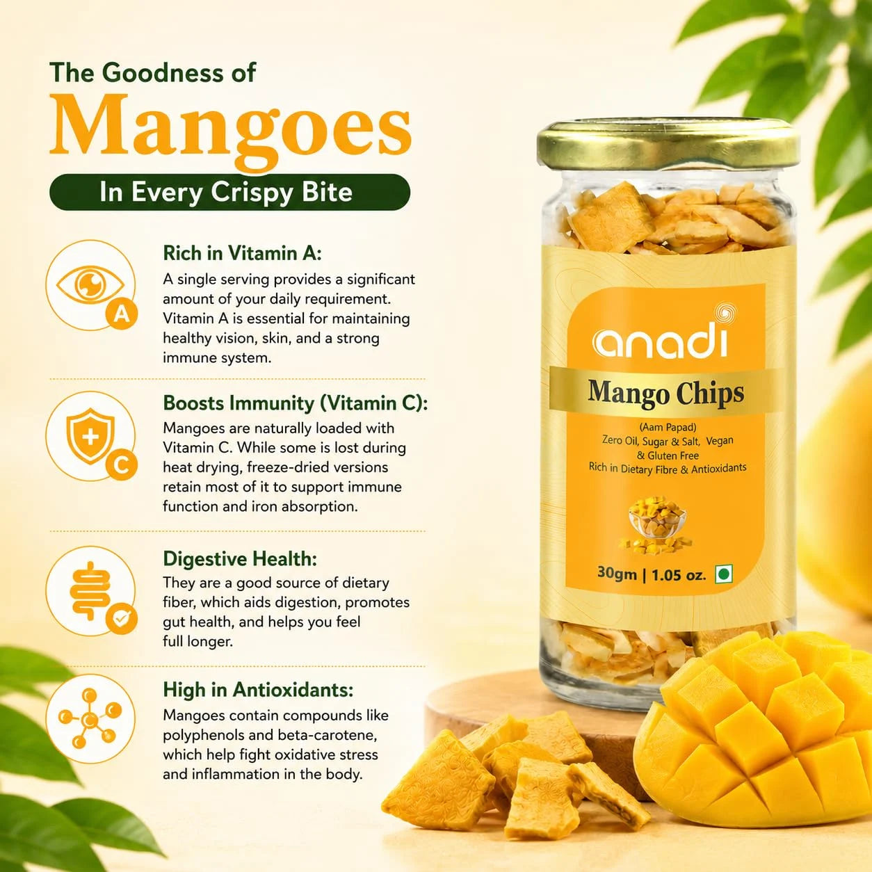 anadi mango chips jar with mango cubes and scattered crisp chips, 30 g