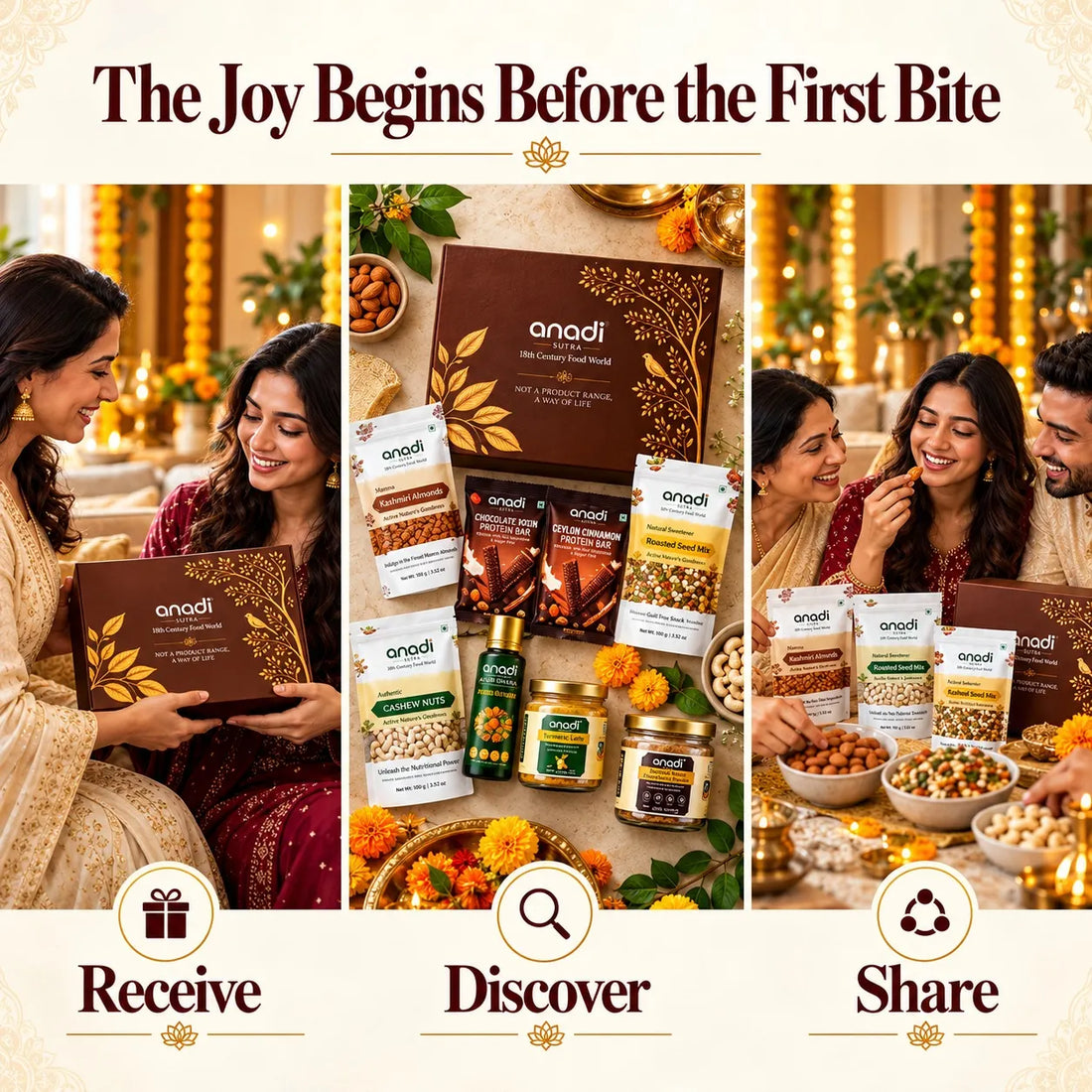 Diwali gift hamper held beside assorted snack packets and jars for sharing
