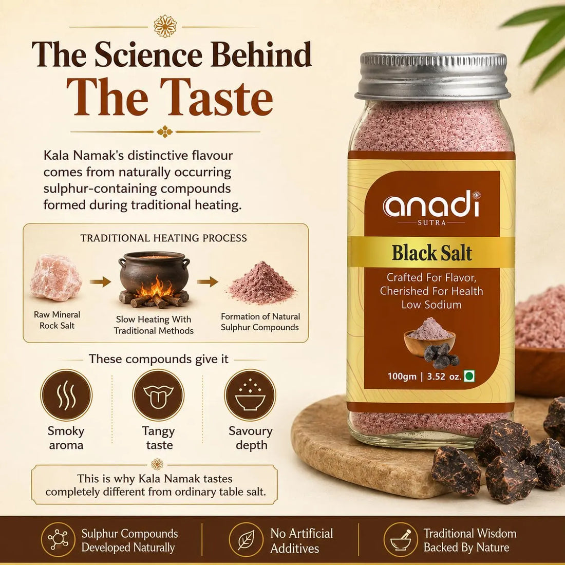 anadi SUTRA black salt jar, 100 g, label facing front with pink mineral salt granules