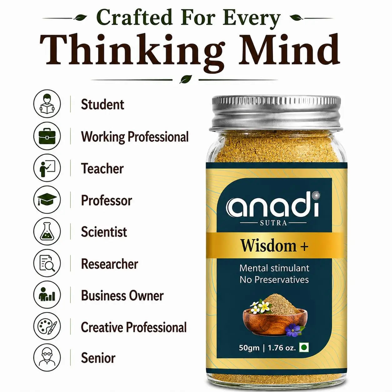 Glass supplement jar with silver cap and anadi sutra blue label; front view.