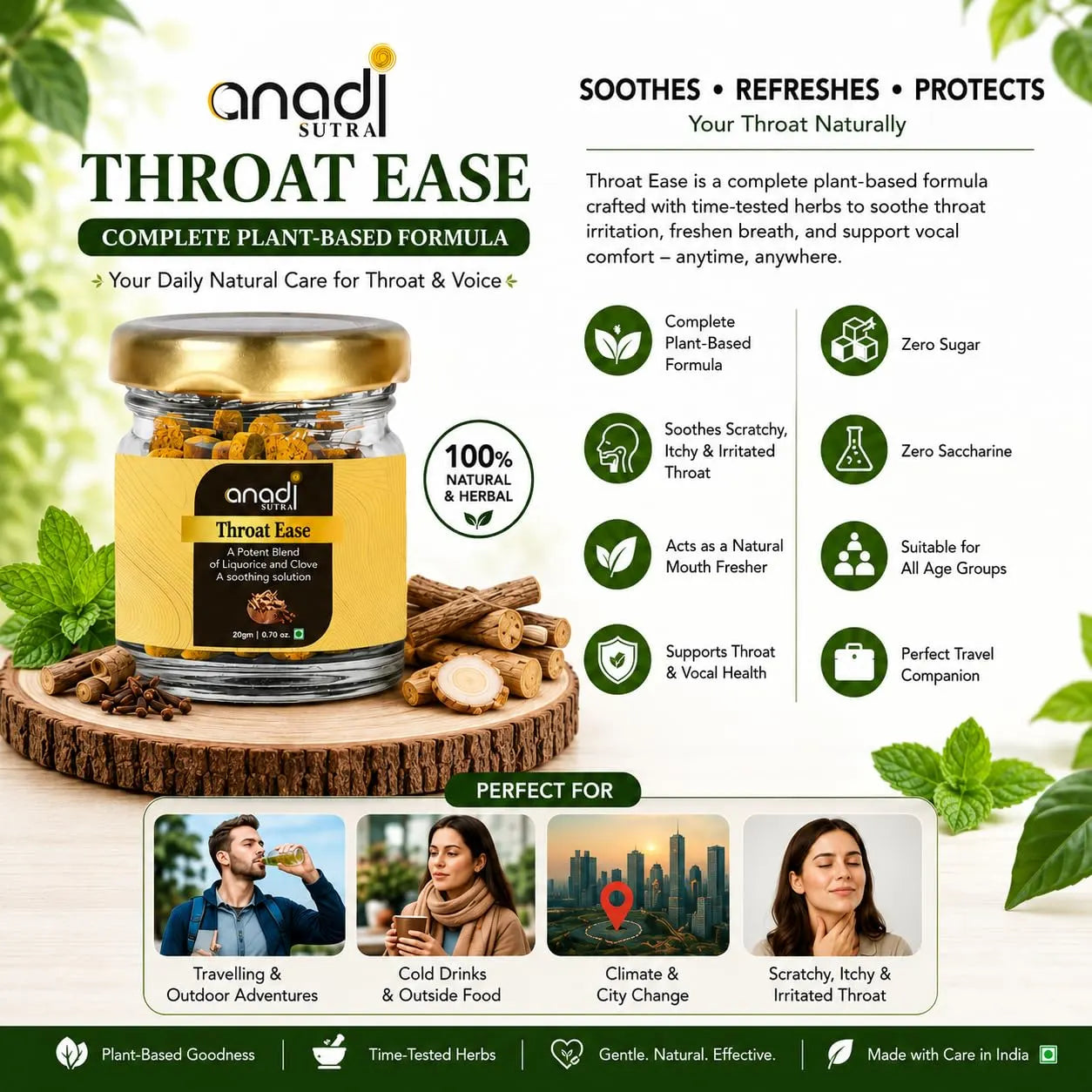 Plant-based throat relief jar with gold lid on a wood base, surrounded by herbs
