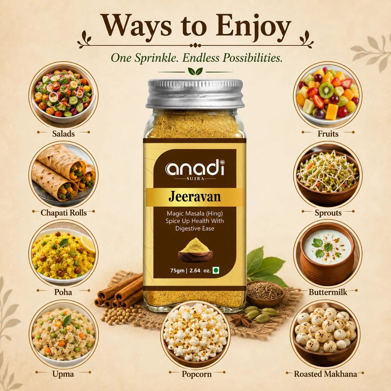 Jeeravan hing spice blend jar with recipe serving ideas around it