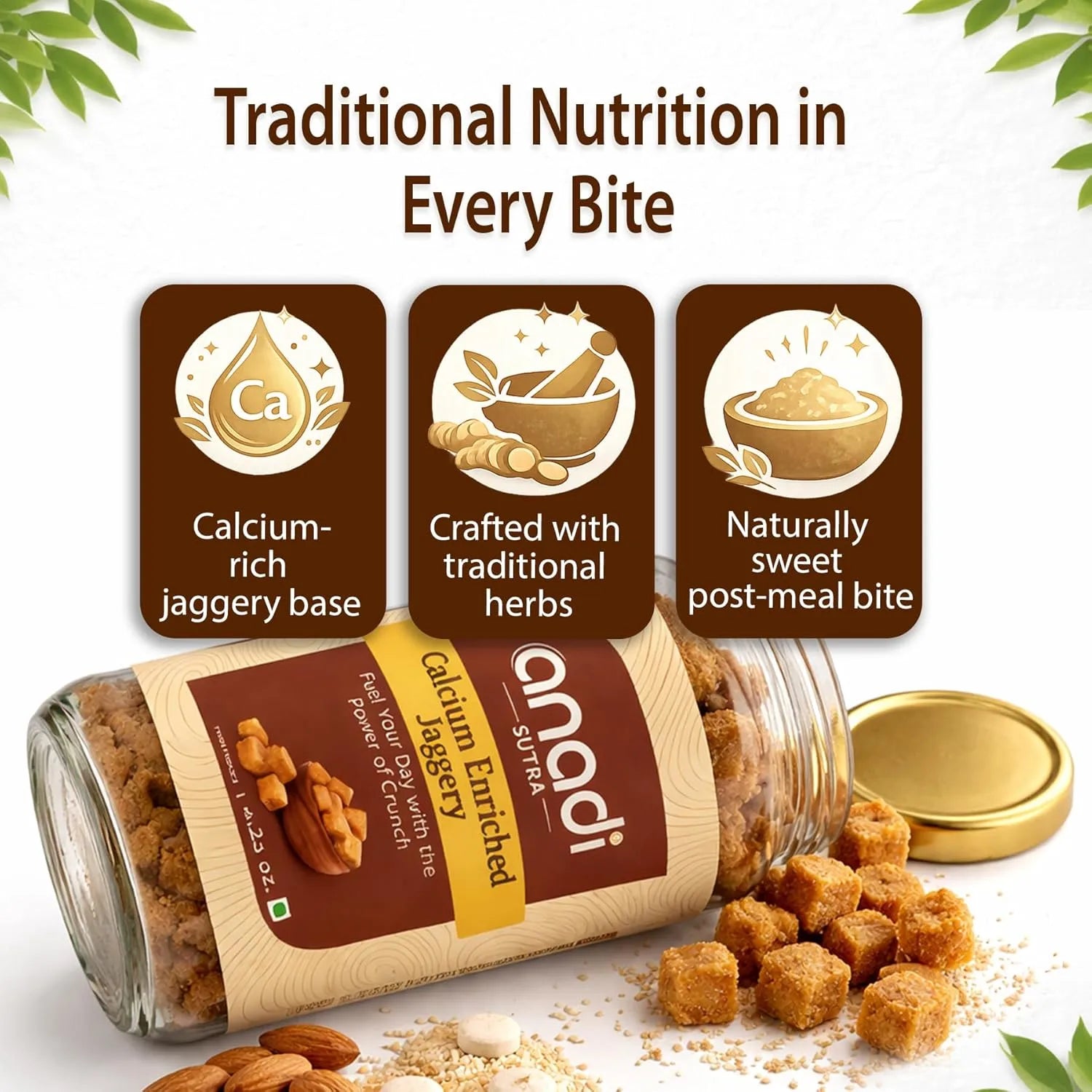 Calcium-enriched jaggery pouch and jar with gold lid with brown jaggery cubes