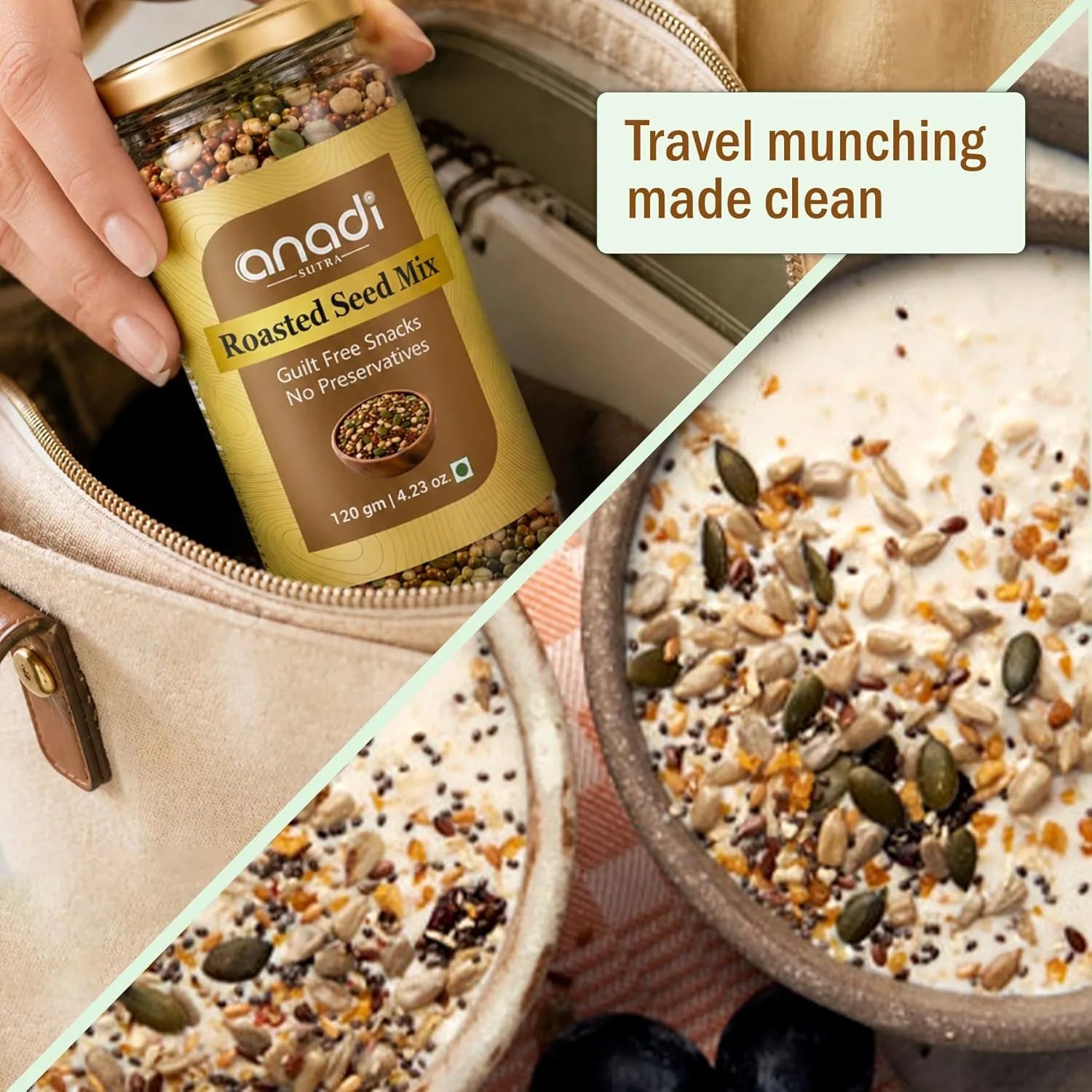 anadi seed mix jar in hand above a zip pouch with sprinkled roasted seeds