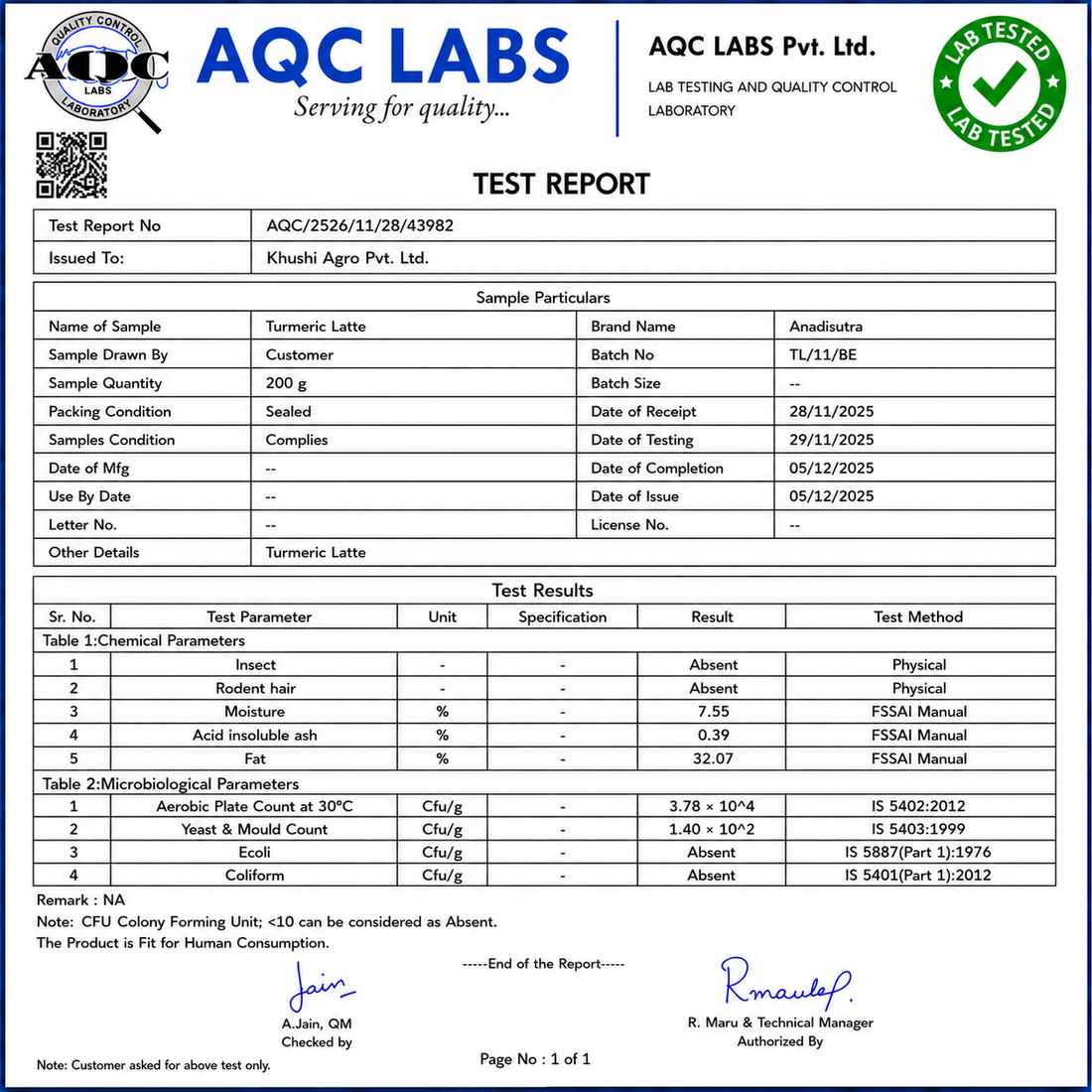 Printed laboratory test report document with results and signatures