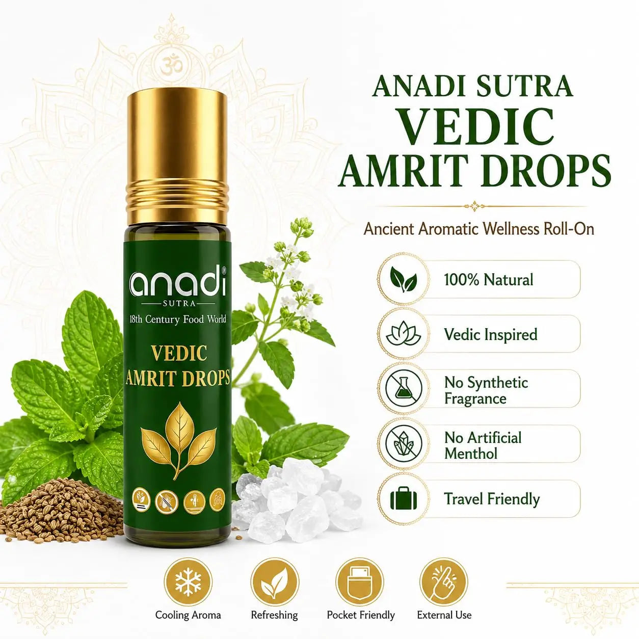 Vedic Amrit Drops roll-on bottle with gold cap and green glass, shown with icons
