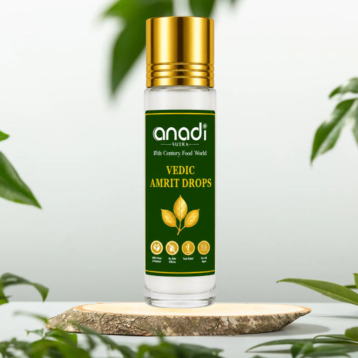 Amrit Drops bottle with gold cap and green front label