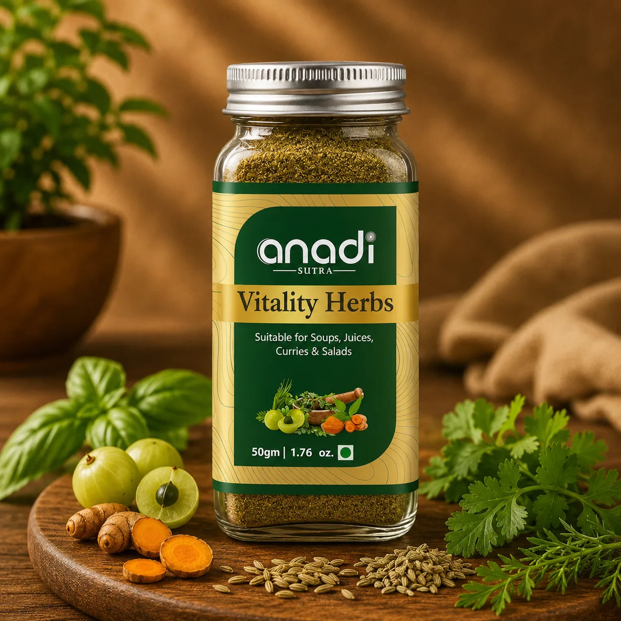 Herbal blend jar with ginger, turmeric, and green ingredients on a wooden surface