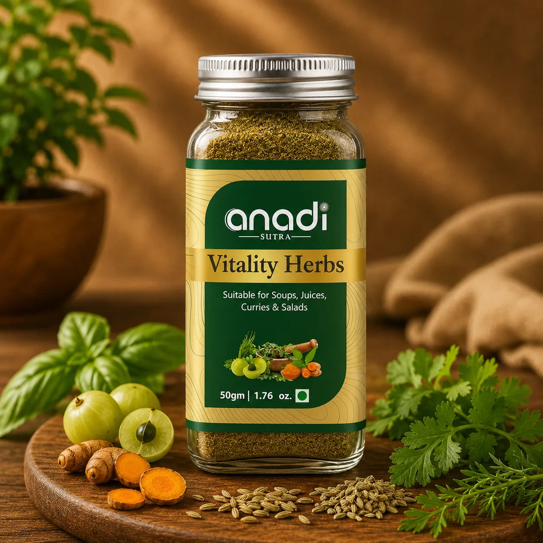 Herbal blend jar with ginger, turmeric, and green ingredients on a wooden surface