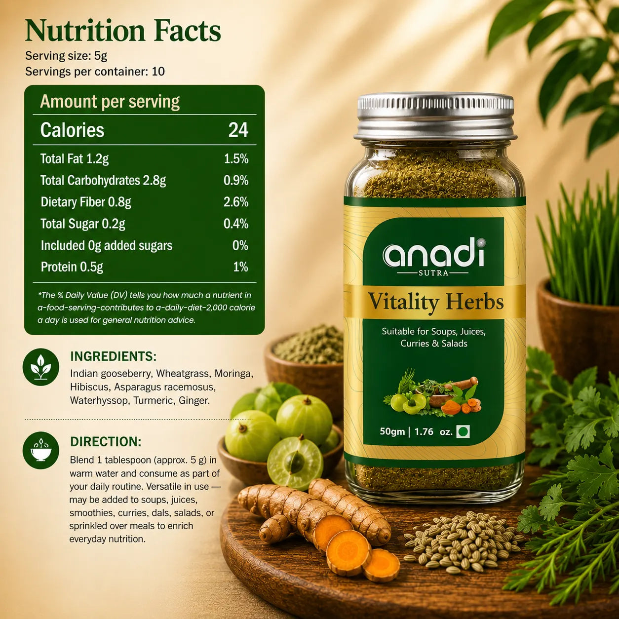 anadi s Vitality Herbs jar with green herb powder blend and ingredient label, 50 gm