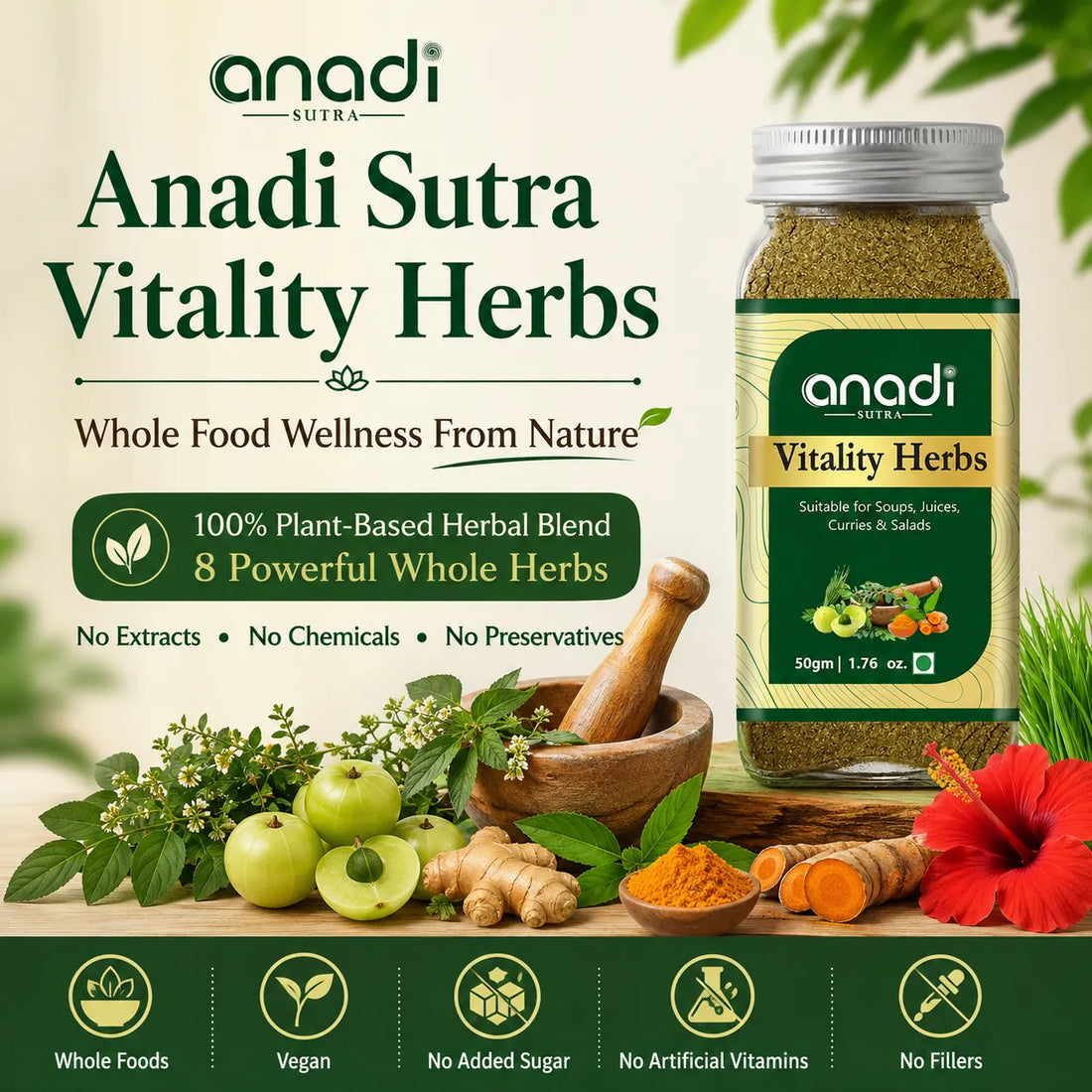 anadi Sutra herbal blend jar showing 8 whole herbs and 100% plant-based blend