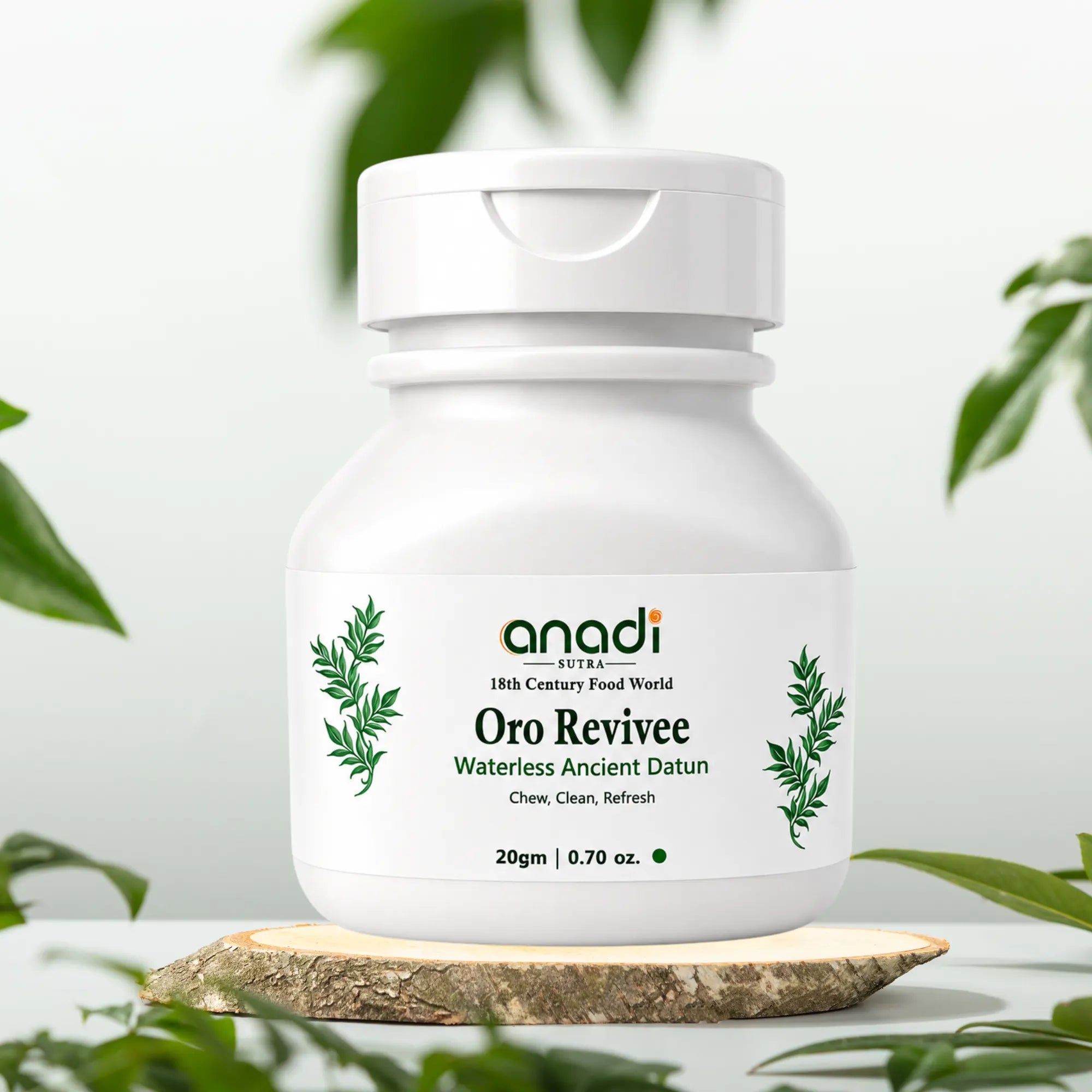 Oro Revivee waterless ancient datun cream jar, white bottle with flip-top cap