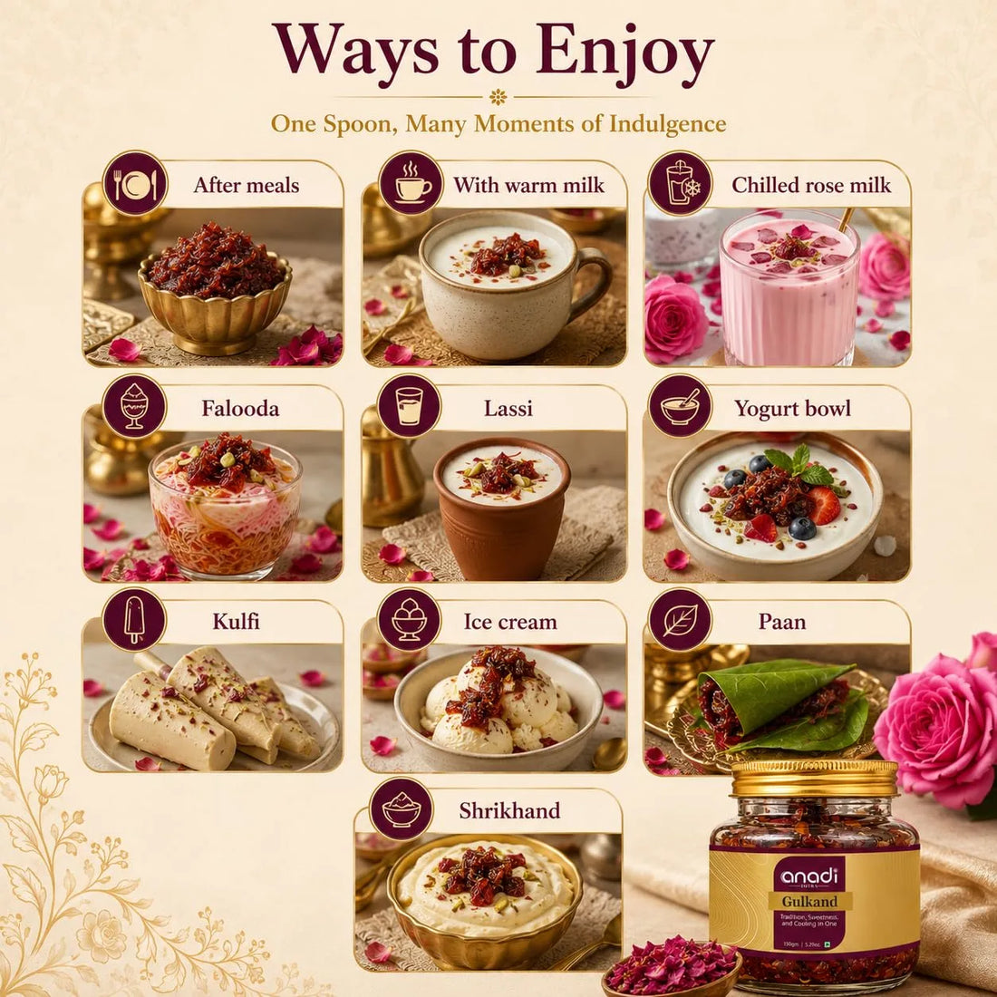 Gulkand jar with gold lid on 'Ways to Enjoy' assortment poster