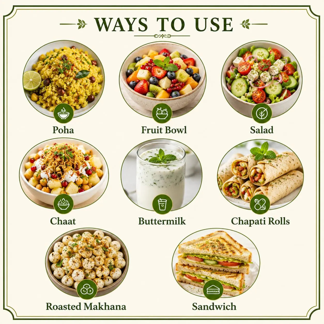 Jeeravan mint spice jar on a ways-to-use panel featuring food serving icons.