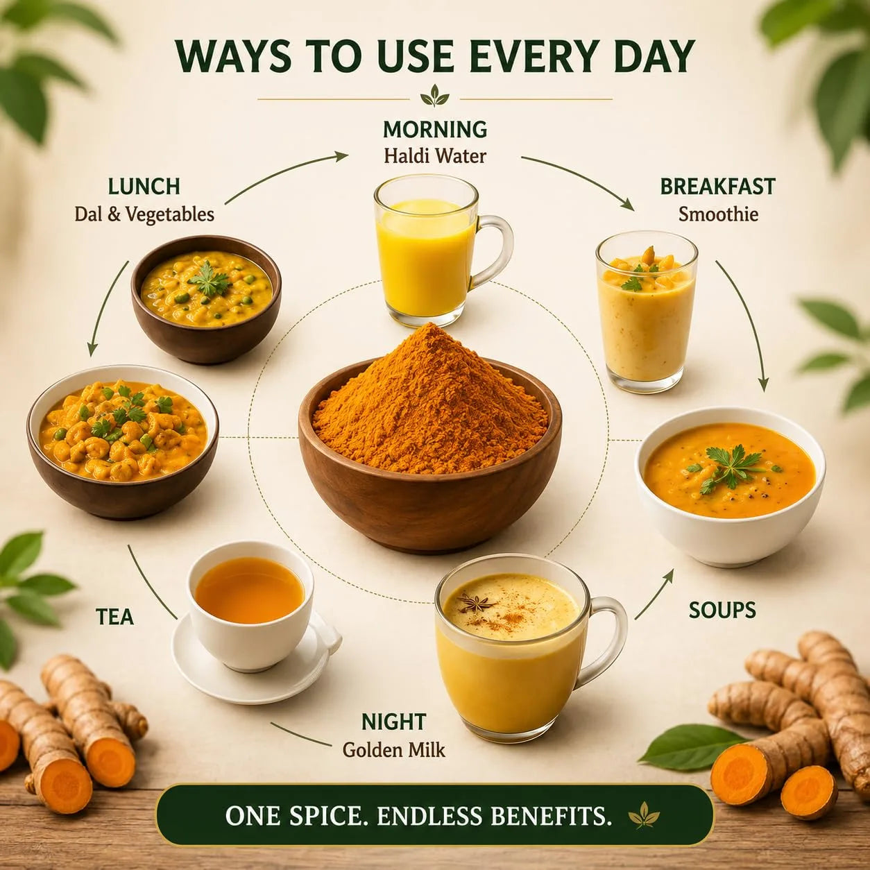 Turmeric powder jar with bowls and cups of turmeric-based drinks and dishes