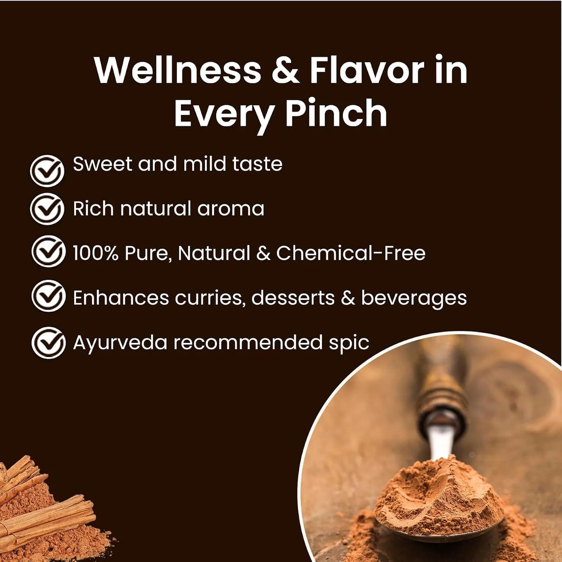 Ceylon cinnamon powder with a spoonful of brown spice
