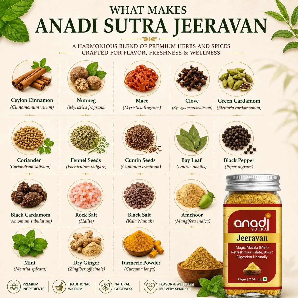 Jeeravan mint spice jar with silver lid and red label beside assorted whole spices.