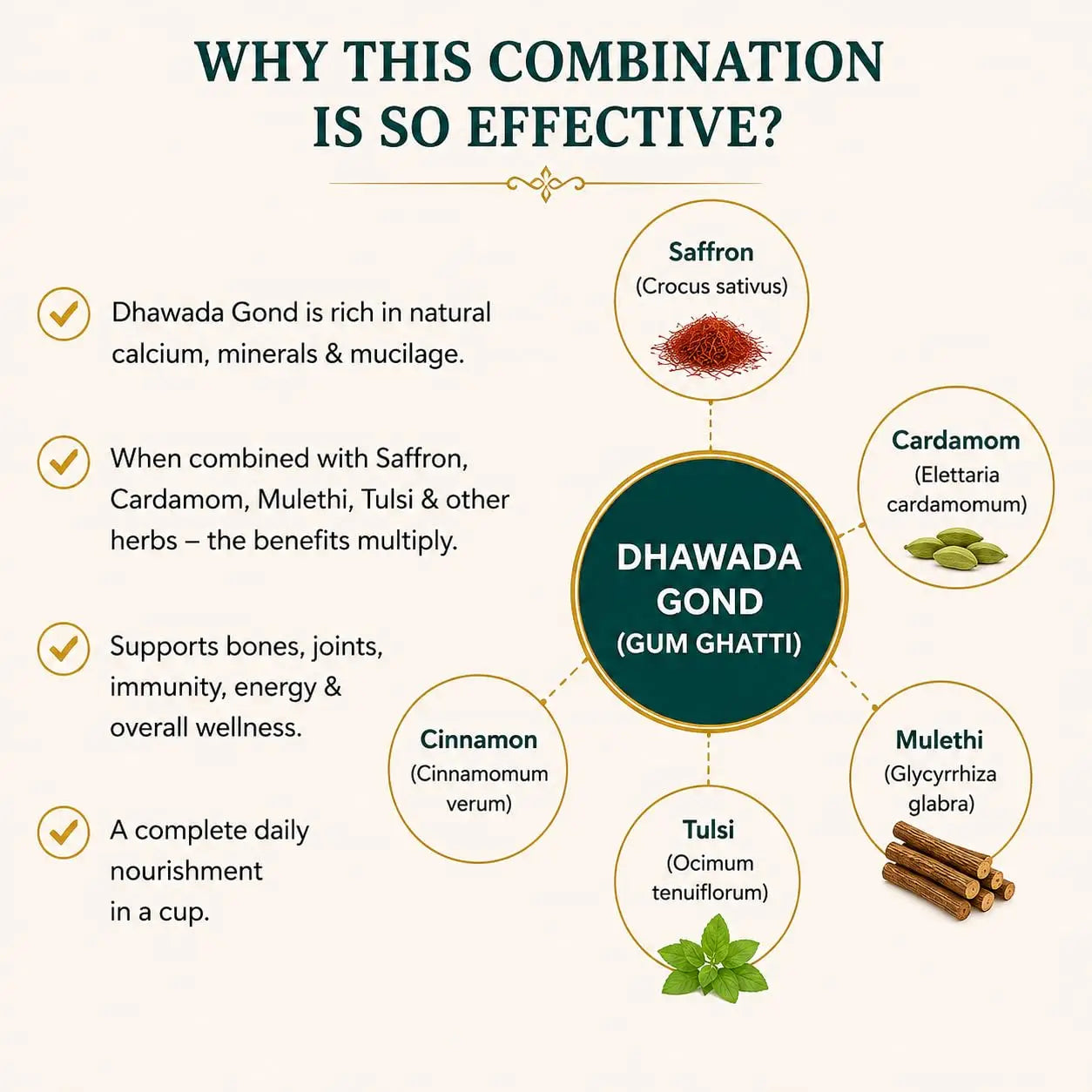 Dhawada gond gum gatti blend infographic with saffron, cardamom, cinnamon, mul for benefits