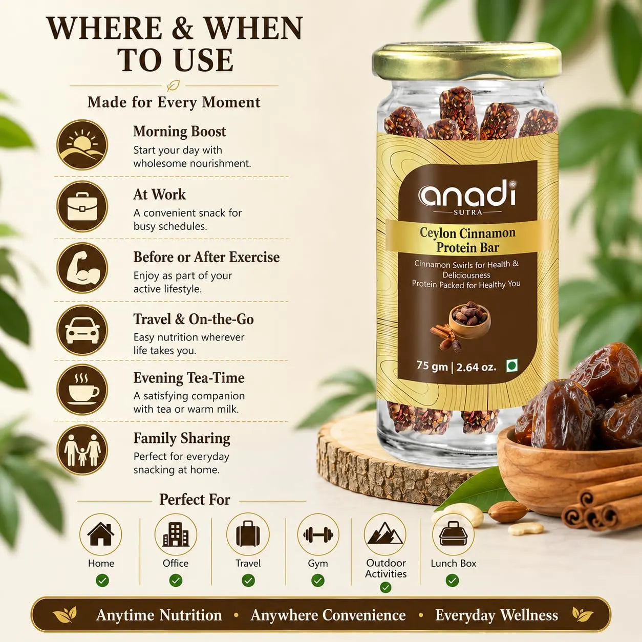 Protein bar jar with gold lid next to where-and-when usage icons