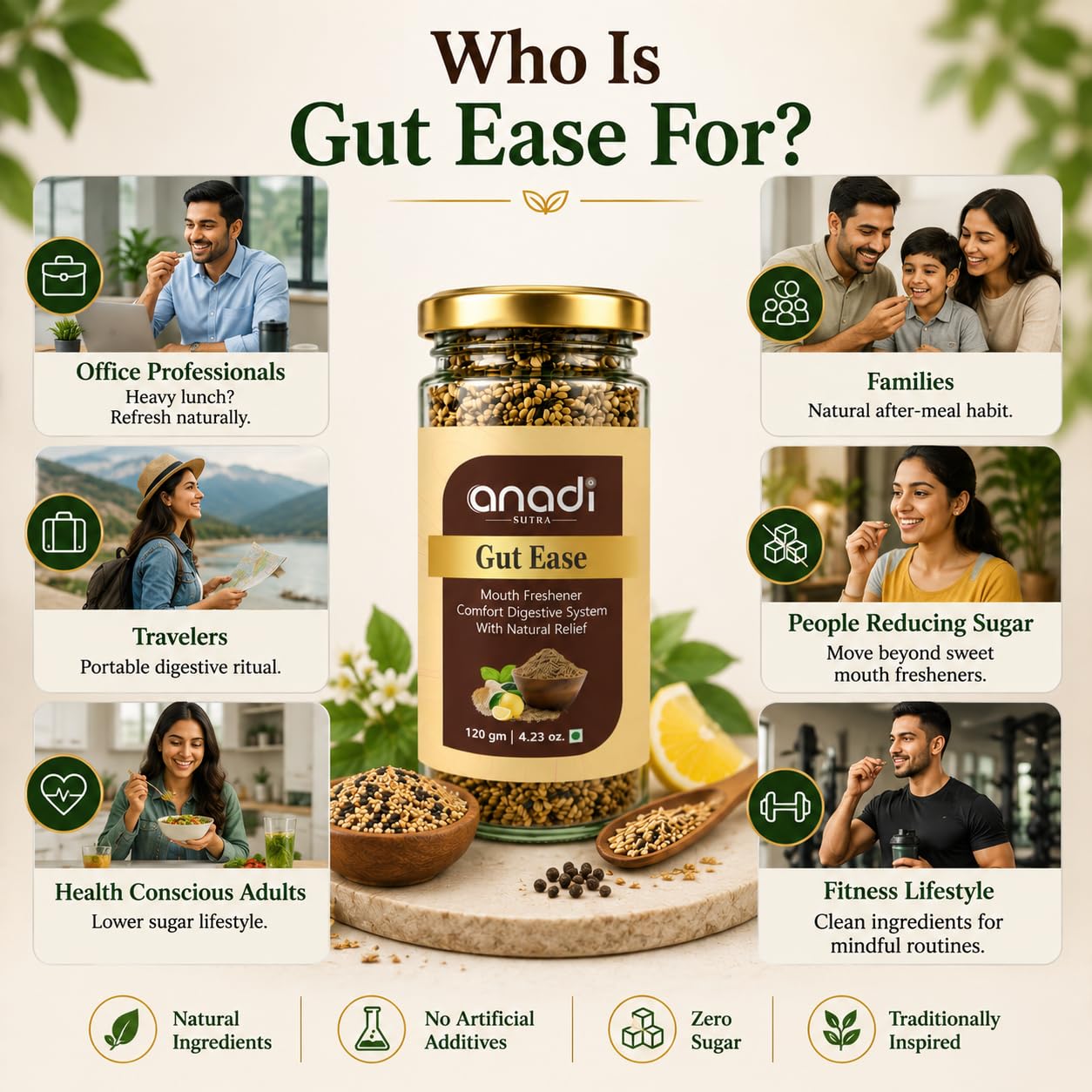 anadi Gut Ease jar with granules and people-at-meal use icons in the background