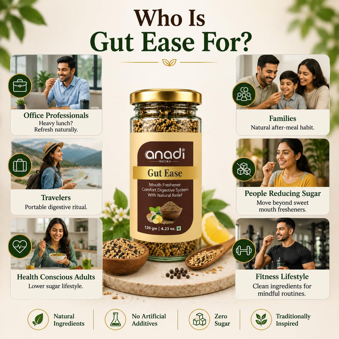 anadi Gut Ease jar with granules and people-at-meal use icons in the background